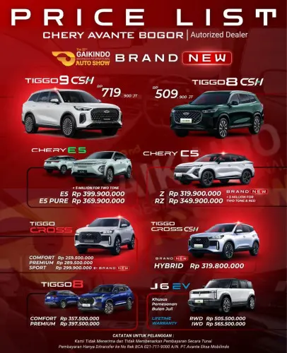 Pricelist Harga Chery kalimulya 2025